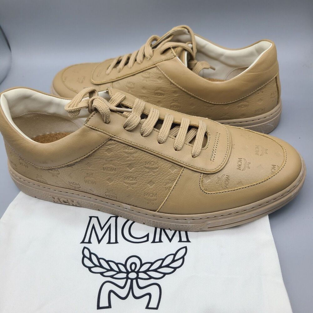 MCM Terrain Visetos Croissant Brown Low Top Logo Leather Sneakers 11 /44 NEW